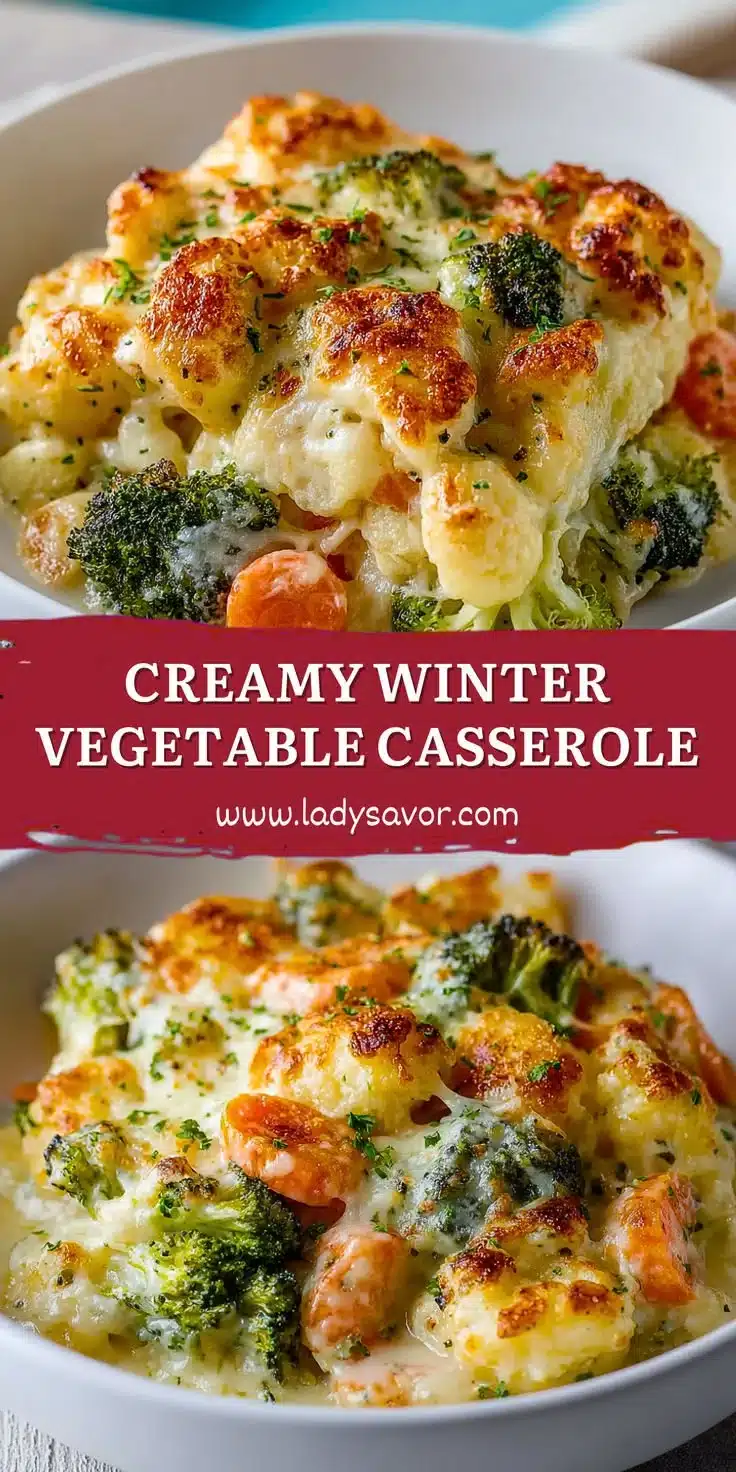 Creamy winter vegetable casserole with colorful mixed veggies and a cheesy topping.