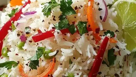A vibrant bowl of coconut pepper rice garnished with fresh herbs and spices.