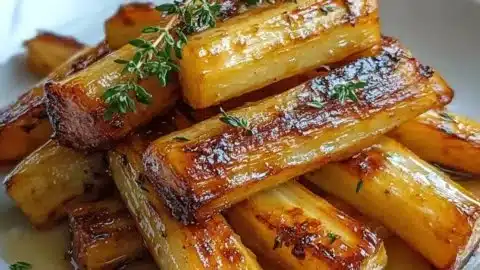 Maple roasted parsnips with thyme in a rustic bowl on a wooden table