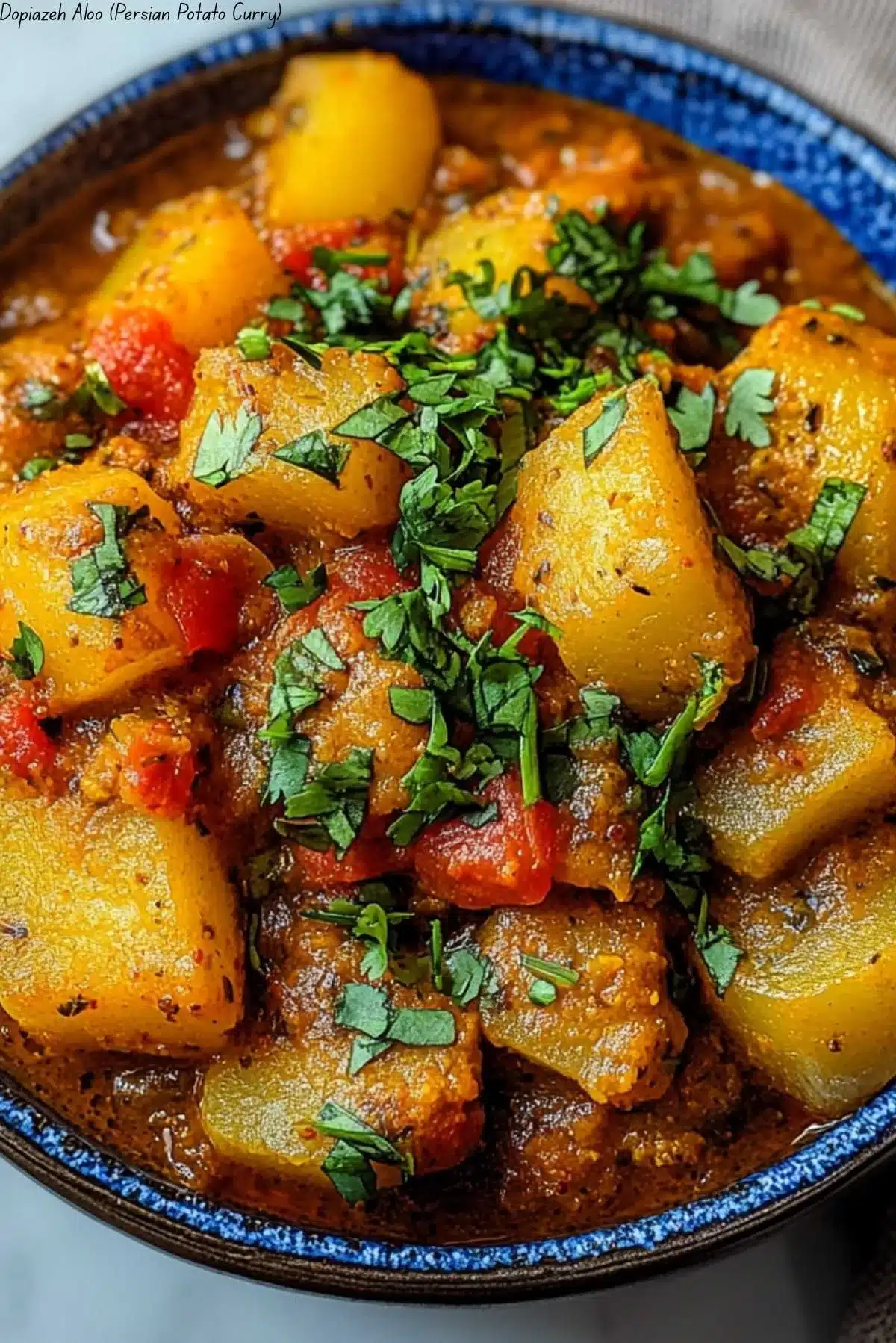 Delicious Double Onion Potato Curry garnished with fresh herbs.