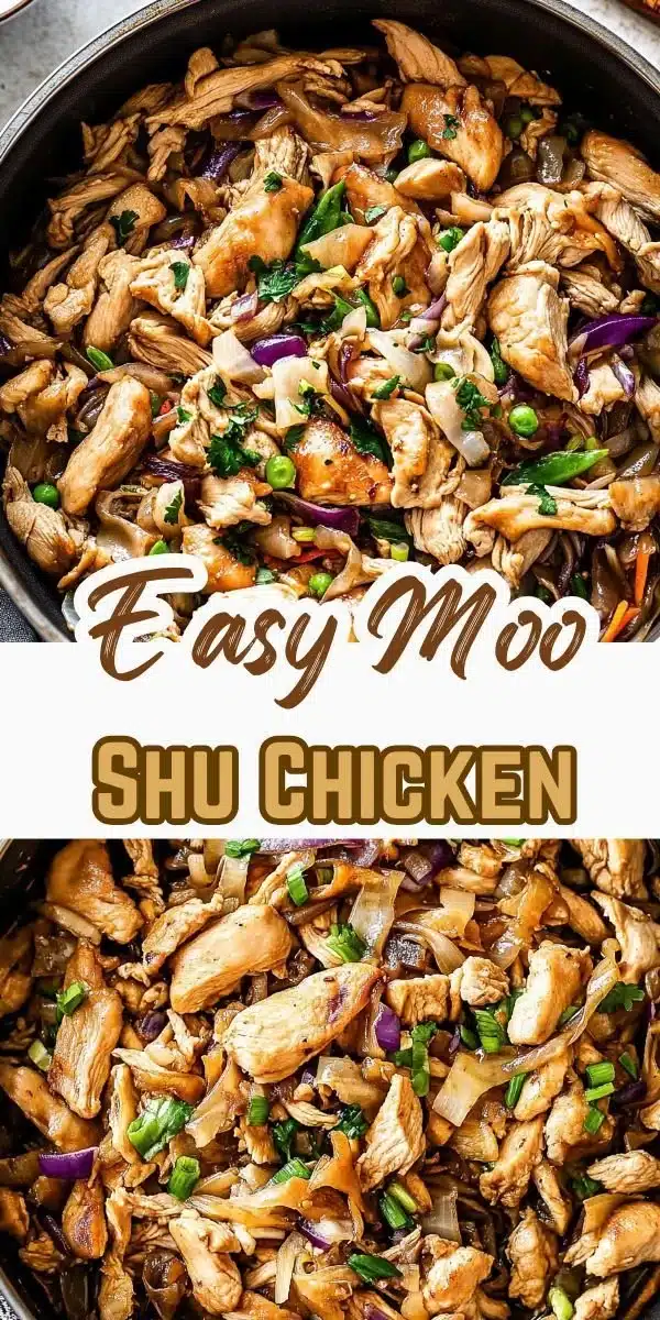 Easy moo shu chicken served with pancakes and vegetables
