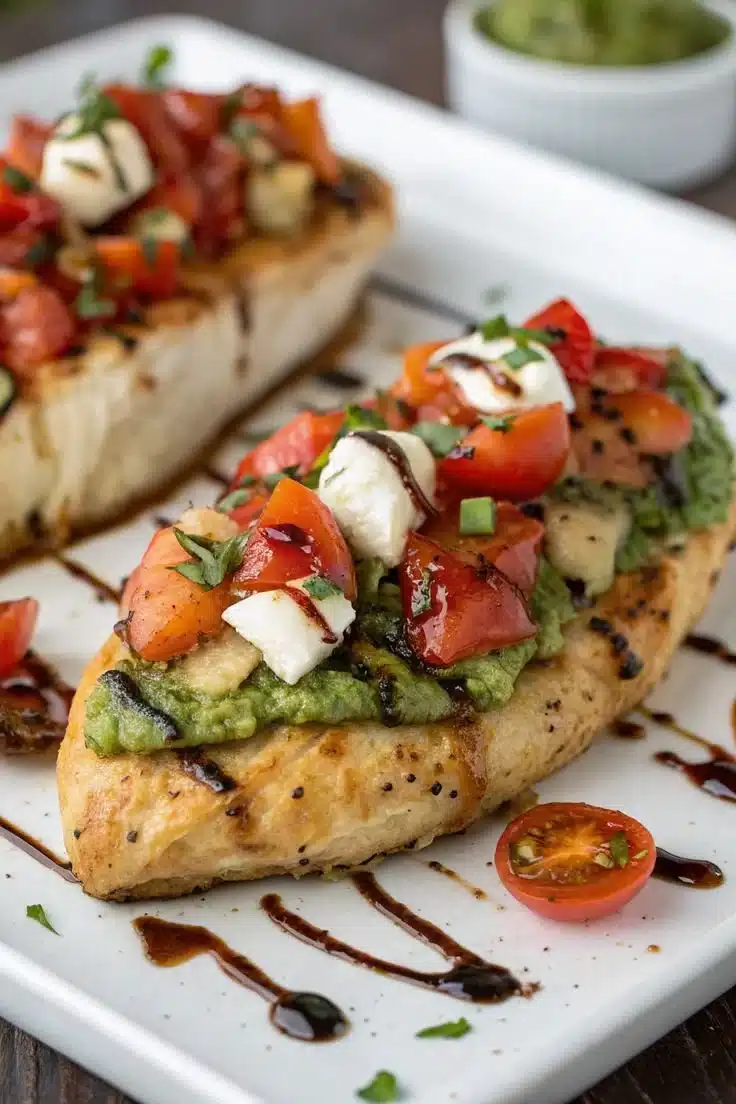 Easy Pesto Bruschetta Chicken 1 Delicious easy pesto bruschetta chicken served on a plate