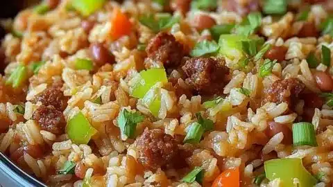 A bowl of flavorful Jailhouse Rice with vegetables and spices in a one-pot dish.