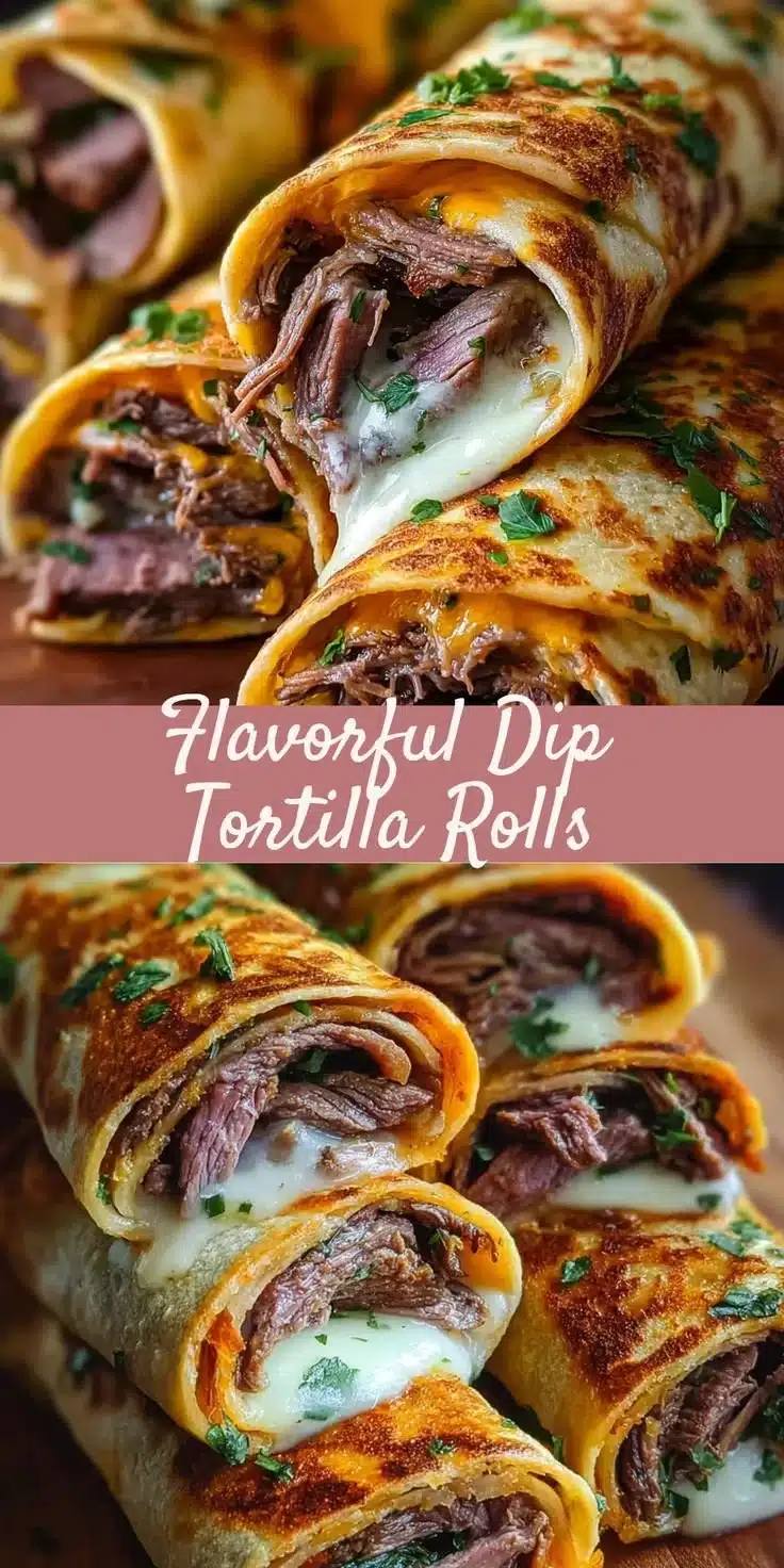 French Dip Tortilla Roll Ups 1 French Dip Tortilla Roll Ups with beef and dip sauce rolled in tortillas