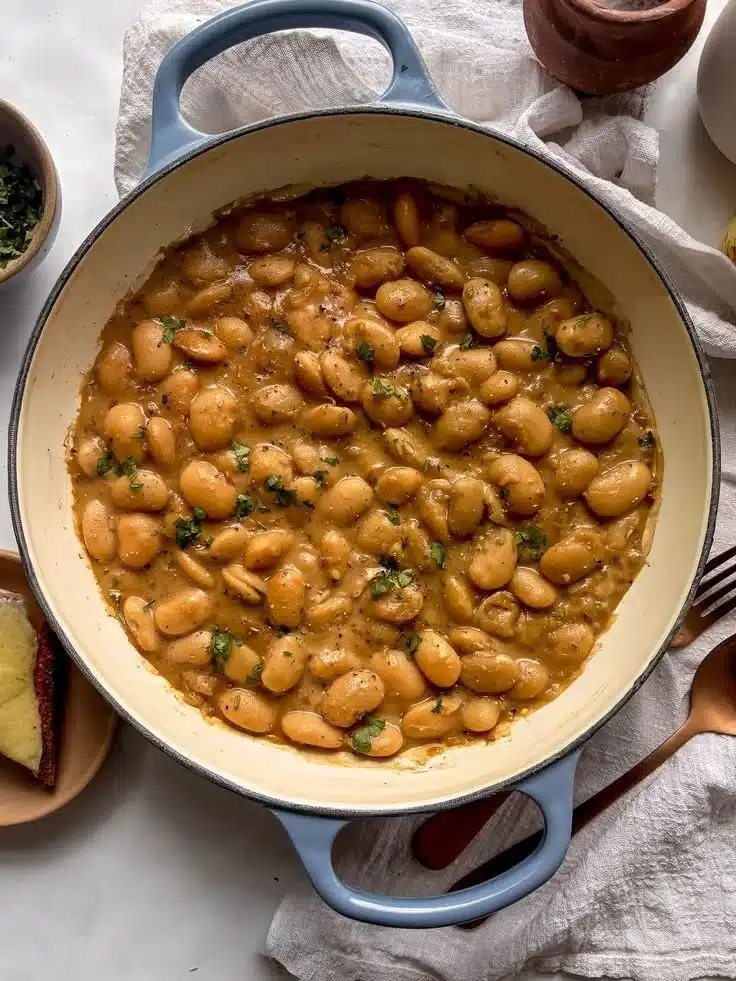 Bowl of French onion butter beans garnished with herbs