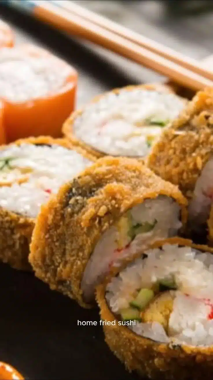 Plate of crispy fried sushi rolls topped with sauces and garnishes