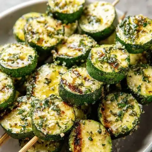Garlic Butter Grilled Zucchini Skewers 2 Garlic butter grilled zucchini skewers on a serving platter