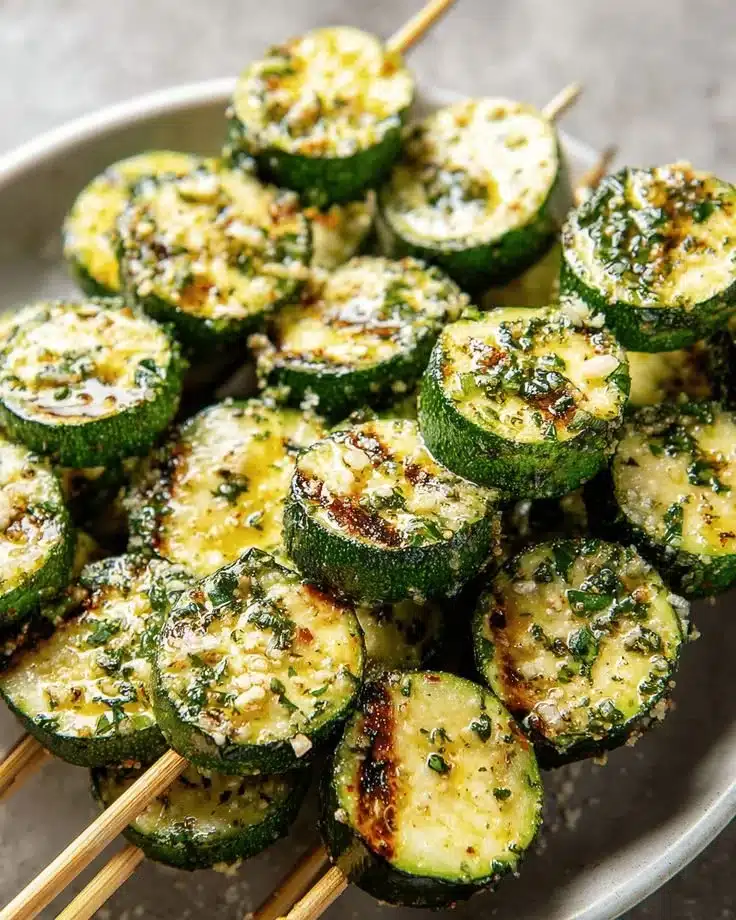 Garlic Butter Grilled Zucchini Skewers 1 Garlic butter grilled zucchini skewers on a serving platter