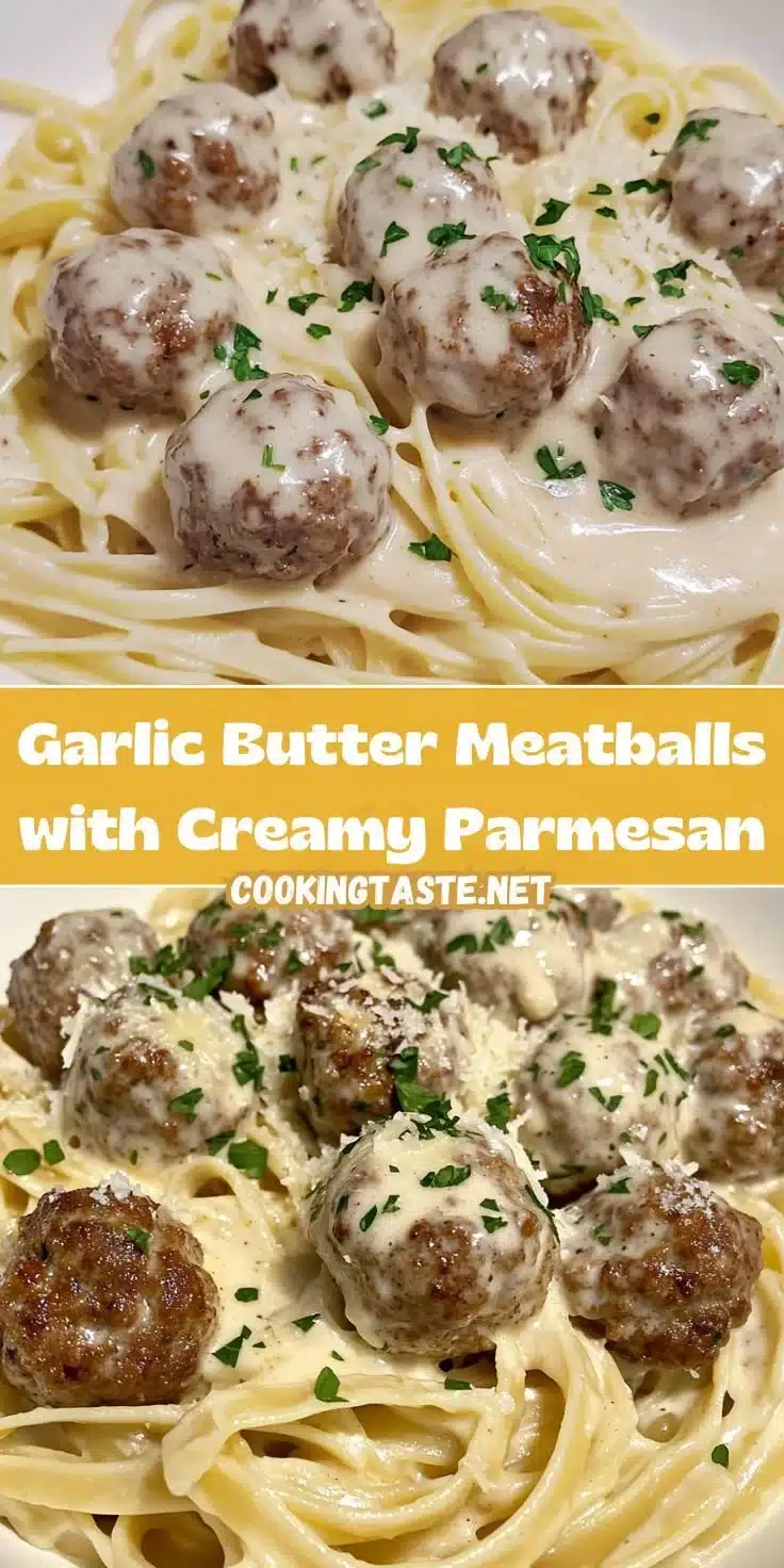 Delicious garlic butter meatballs topped with creamy parmesan sauce.
