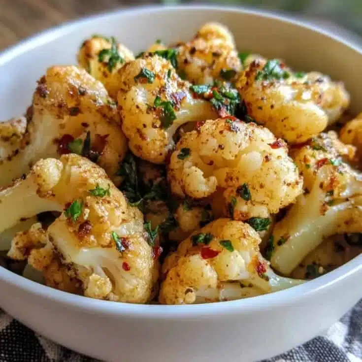Garlic Butter Roasted Cauliflower Recipe 1 Delicious garlic butter roasted cauliflower garnished and ready to serve