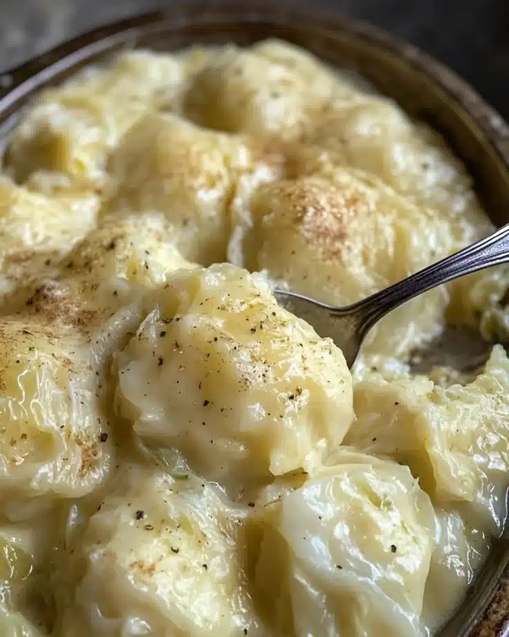 Plate of German cabbage and dumplings served with herbs.