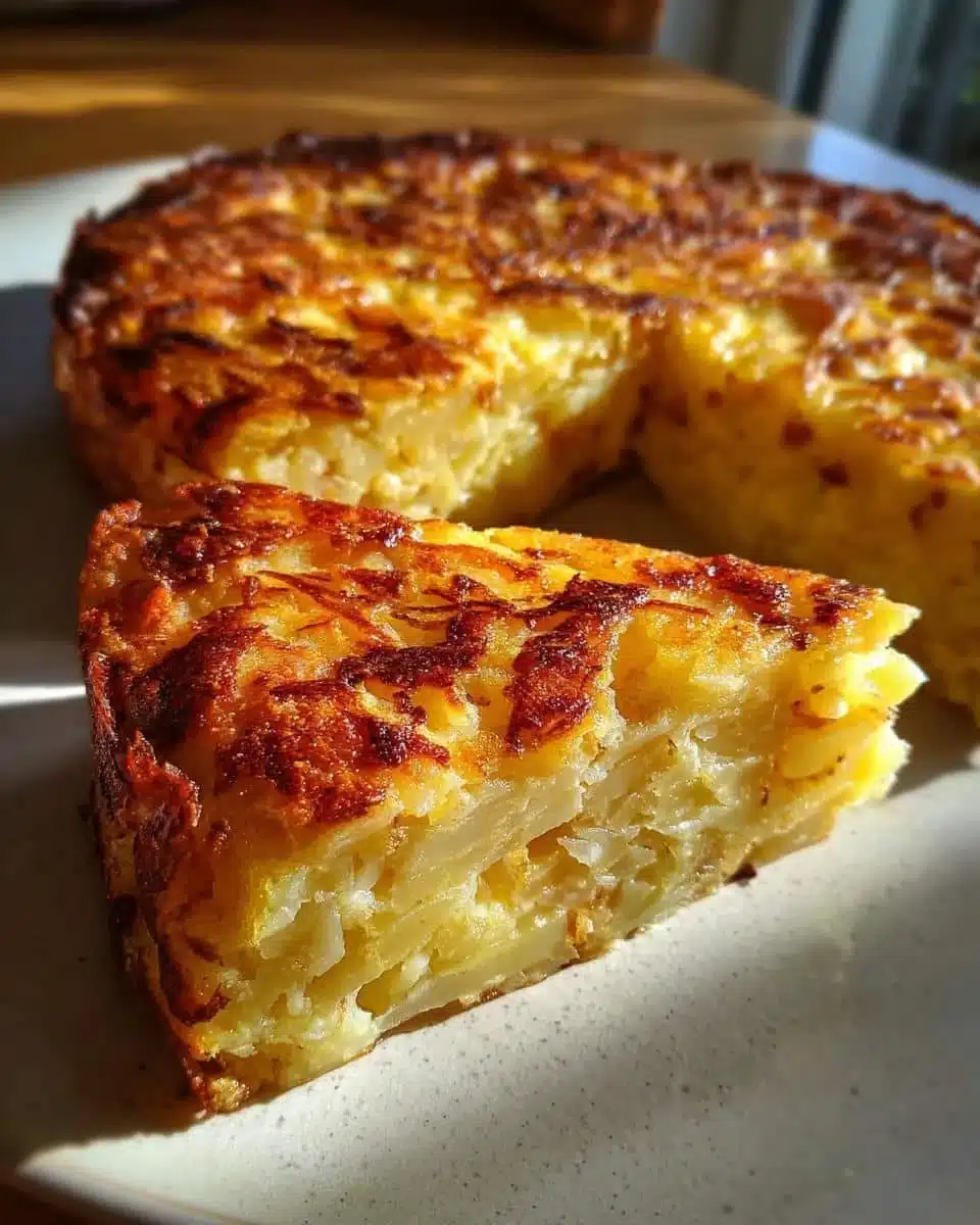 Slice of delicious homemade German Potato Cake (Potthucke) served on a plate