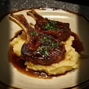 Glazed Lamb Chops with Mashed Potatoes 2 Delicious glazed lamb chops served with creamy mashed potatoes