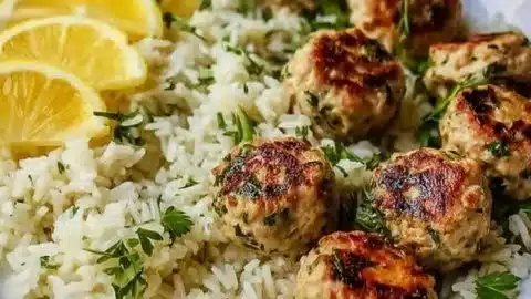 Plate of Greek Turkey Meatballs with lemon herb rice