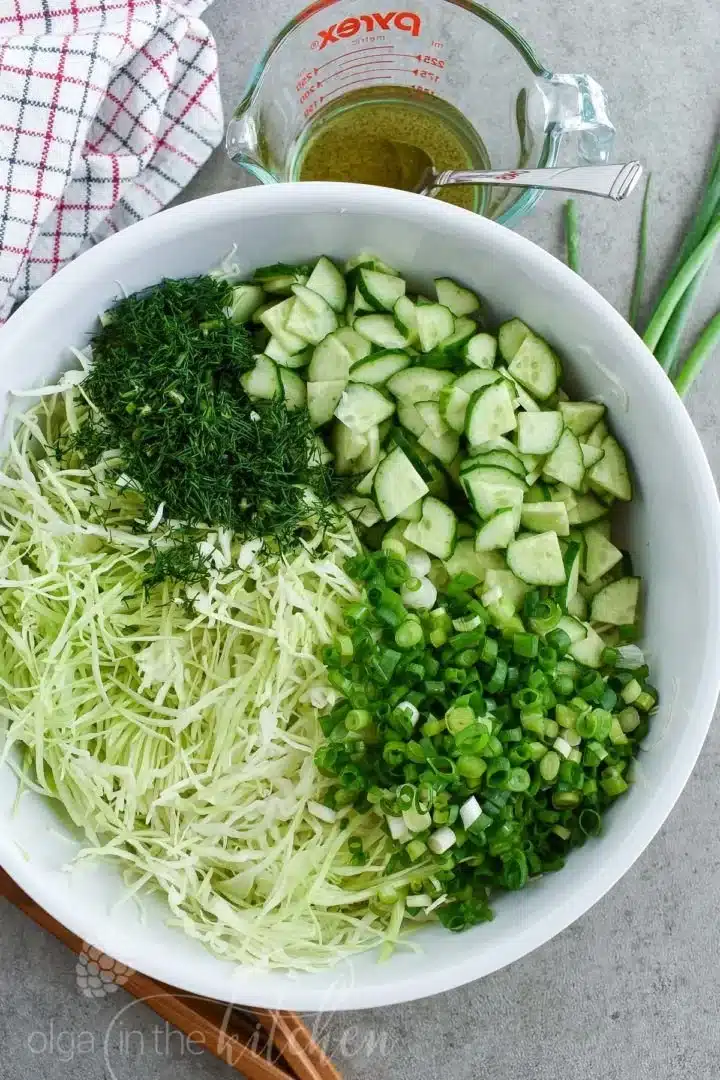 Fresh green cabbage cucumber salad in a bowl garnished with herbs.