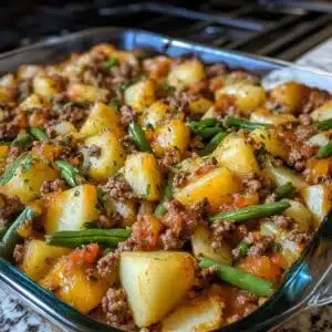 Delicious Hobo Casserole with Ground Beef topped with cheese and vegetables
