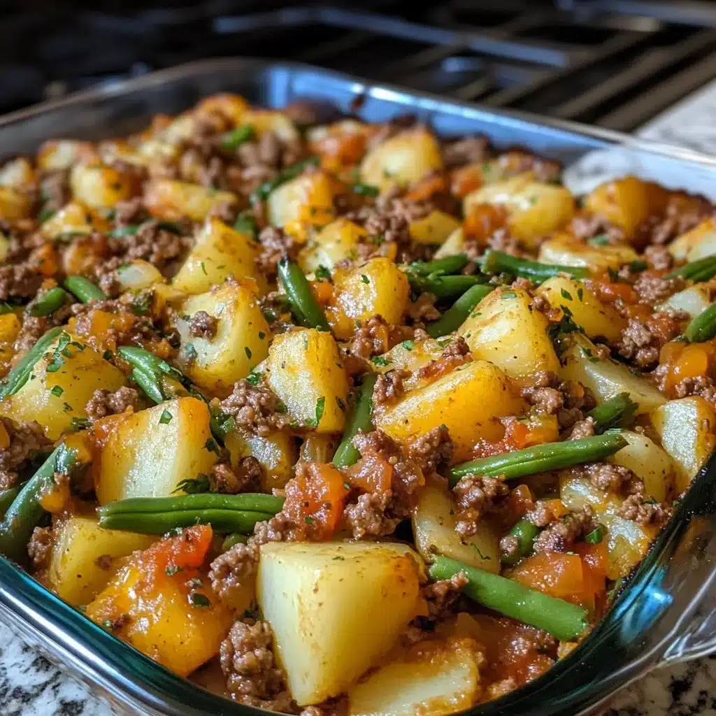 Delicious Hobo Casserole with Ground Beef topped with cheese and vegetables