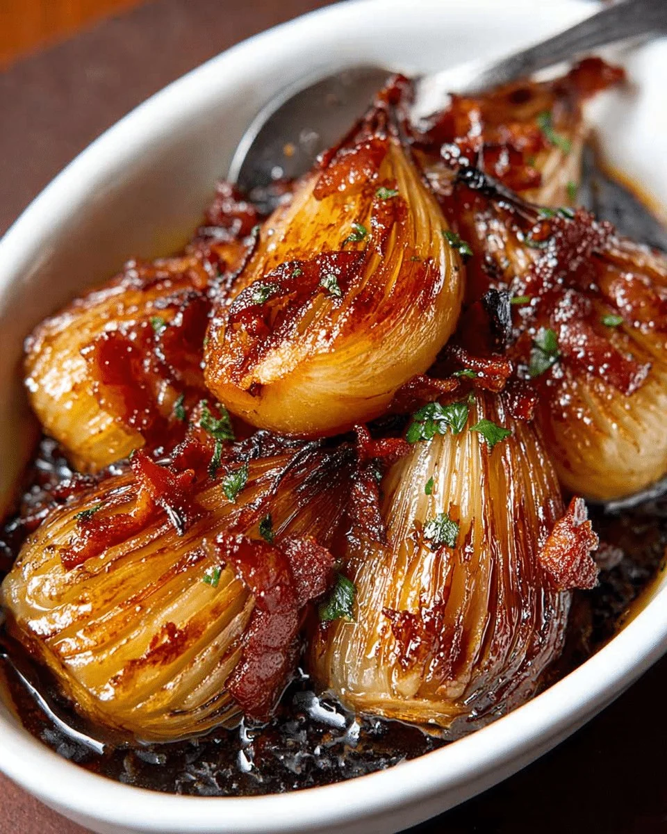 Honey-glazed shallots with crispy bacon served on a plate