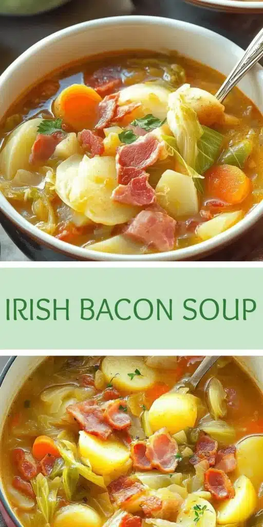 A bowl of hearty Irish bacon, cabbage, and potato soup garnished with fresh herbs.