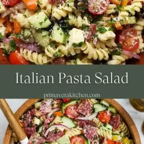 Colorful Italian pasta salad with fresh vegetables and dressing