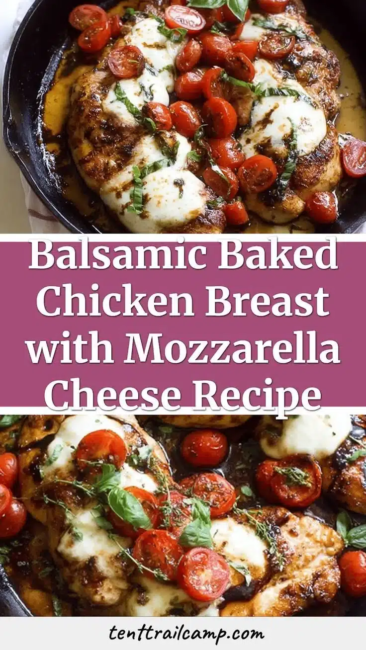 Juicy baked chicken breasts with mozzarella and balsamic glaze on a plate.