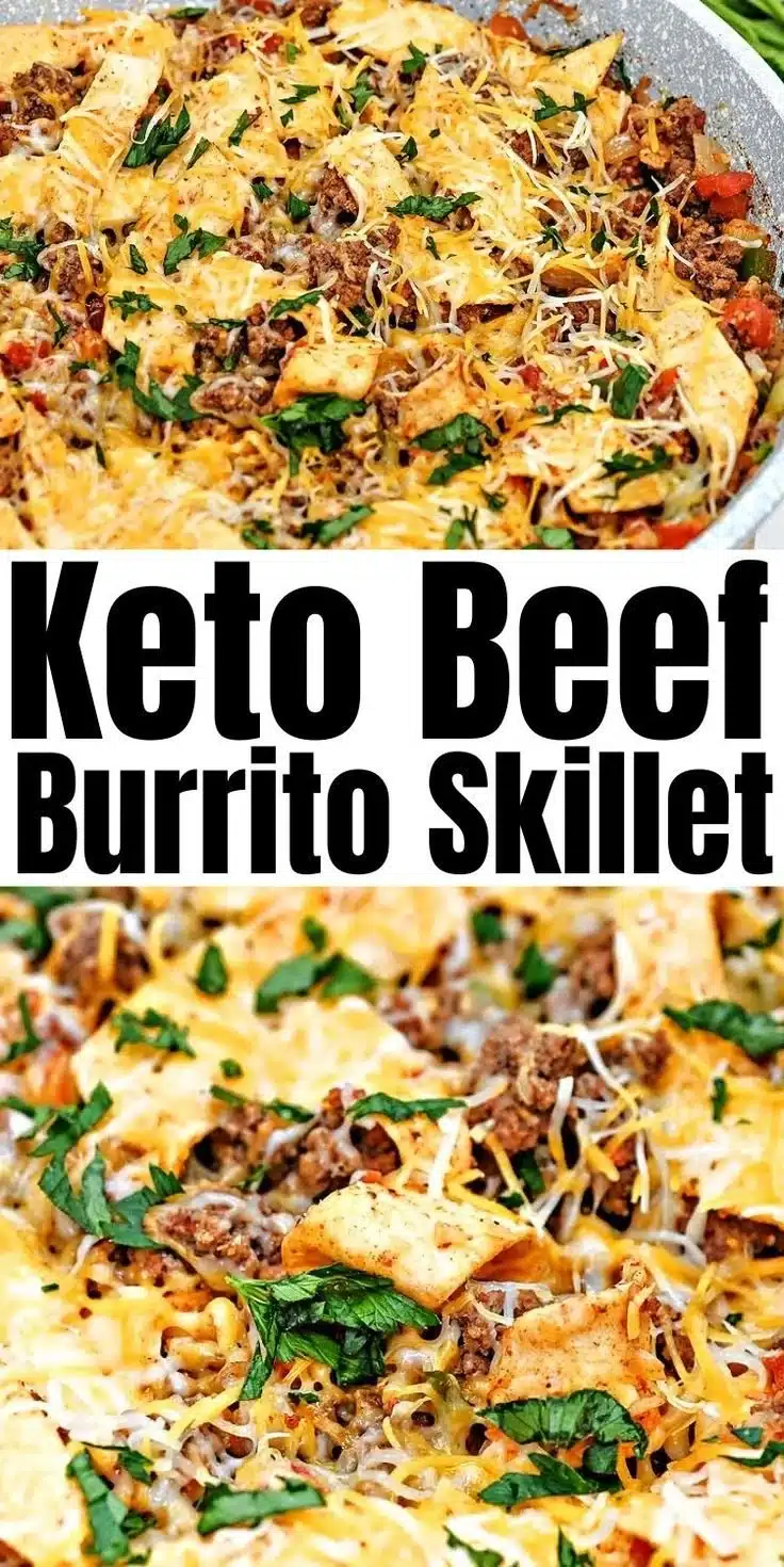 Keto Beef Burrito Skillet 1 Keto beef burrito skillet with cheese and vegetables in a skillet dish