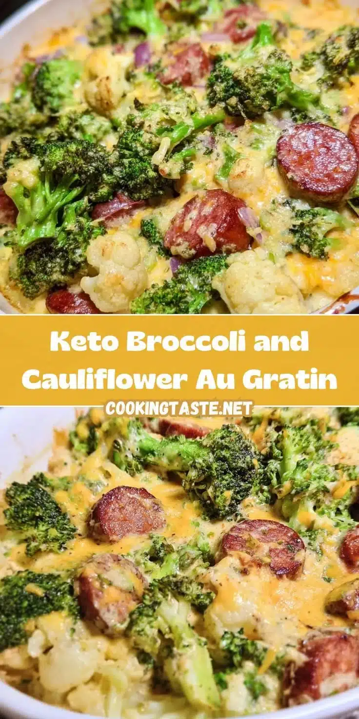 Keto Broccoli and Cauliflower Au Gratin topped with sausage and cheese