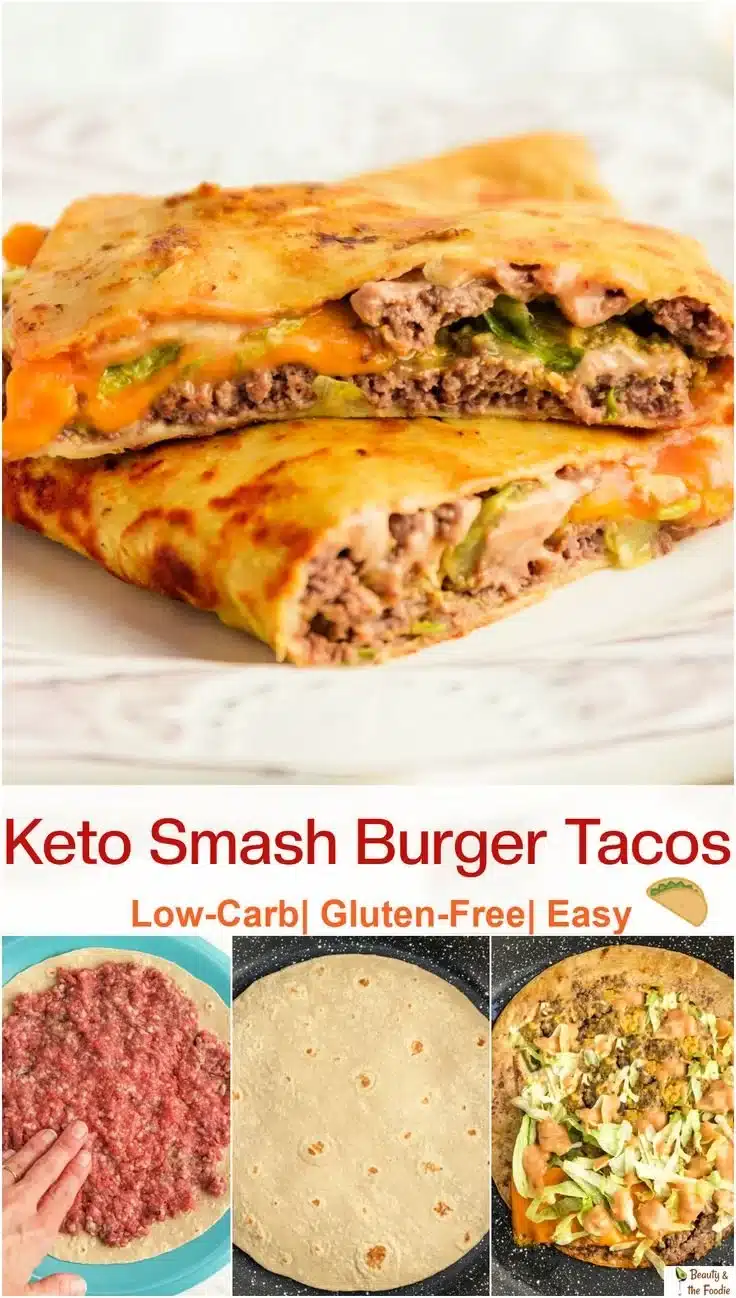 Keto Smash Burger Tacos served on a plate with toppings and fresh ingredients