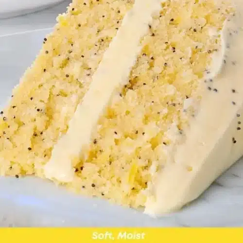 Lemon Poppy Seed Cake 2 Lemon poppy seed cake slice on a plate with lemon zest garnish