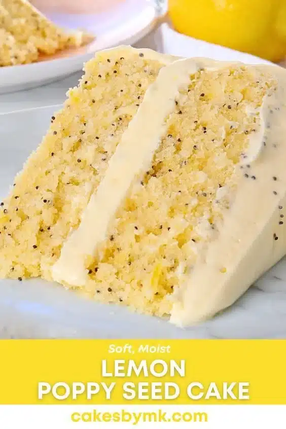 Lemon Poppy Seed Cake 1 Lemon poppy seed cake slice on a plate with lemon zest garnish