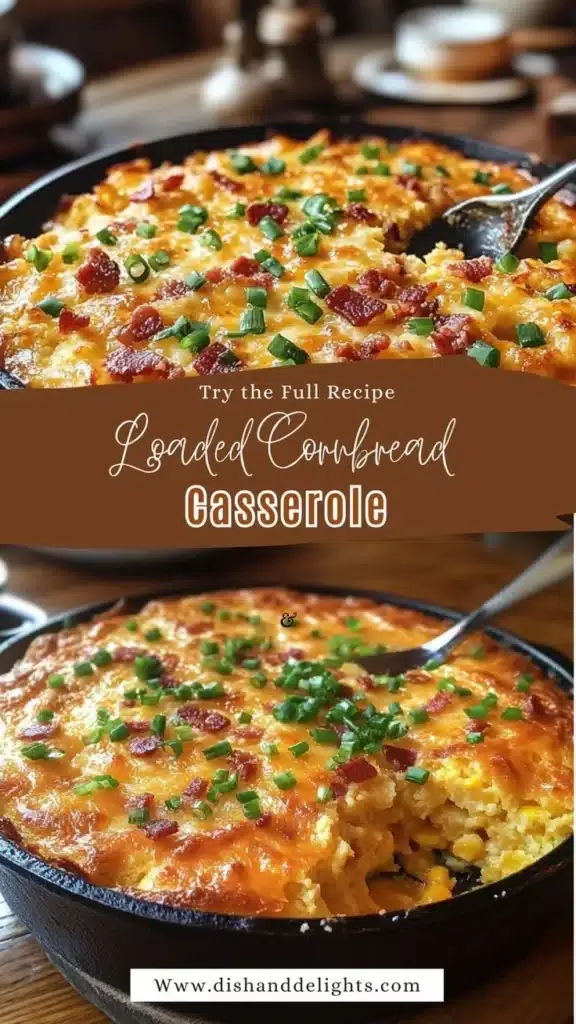 Delicious Loaded Cornbread Casserole topped with ingredients for a comforting dish.