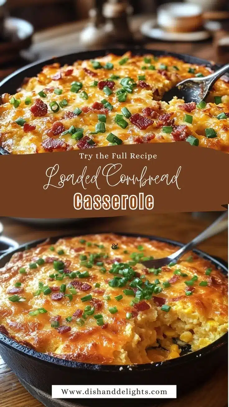 Loaded Cornbread Casserole 1 Delicious Loaded Cornbread Casserole topped with ingredients for a comforting dish.