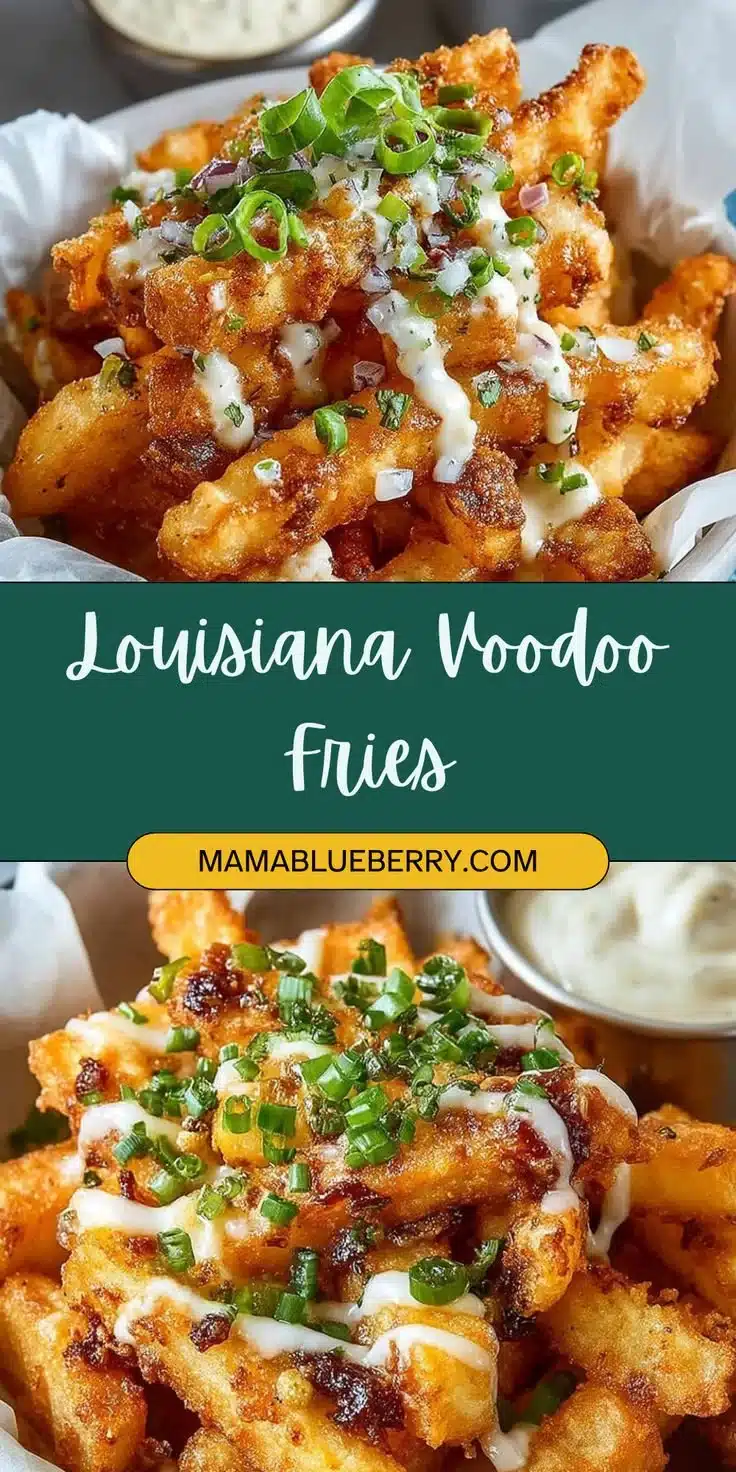 Delicious Louisiana Voodoo Fries drizzled with spicy sauce and topped with herbs.