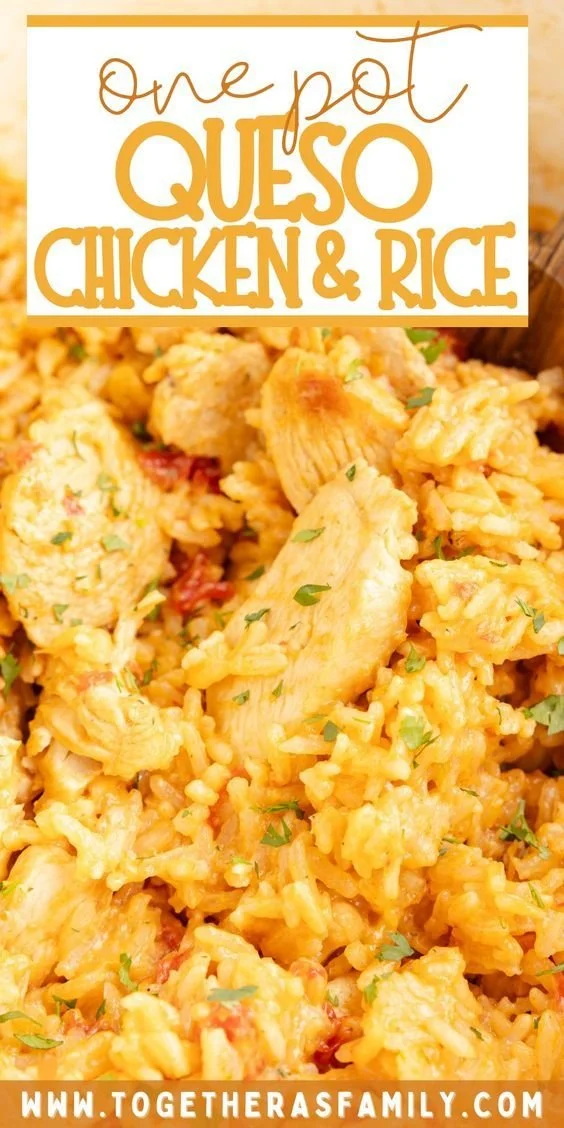 One Pot Queso Chicken and Rice dish garnished, showcasing vibrant flavors and easy preparation.