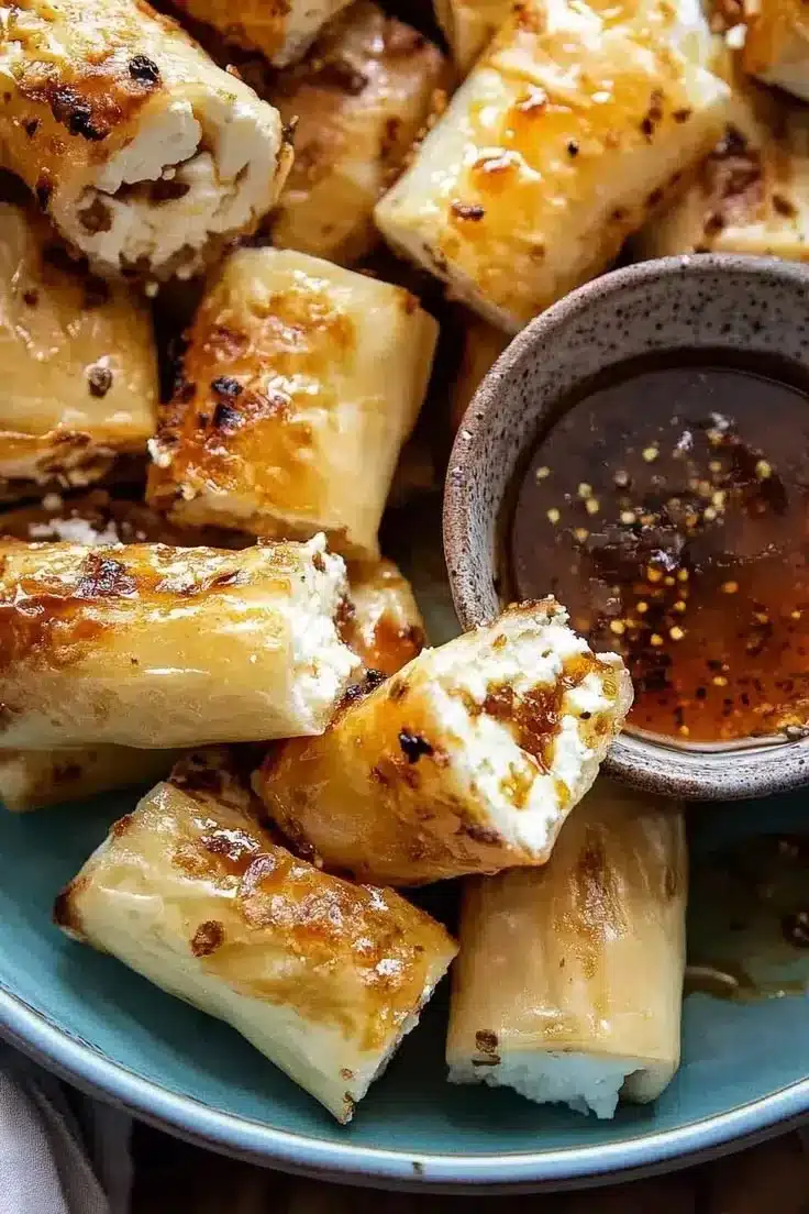 Oven fried feta rolls with chili honey, a delicious appetizer on a plate.