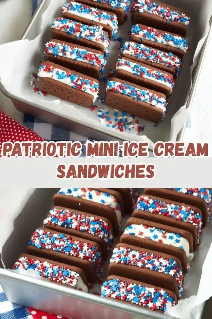 Patriotic mini ice cream sandwiches with red, white, and blue colors.