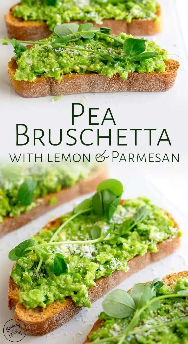 Delicious pea bruschetta topped with fresh herbs on toasted bread.