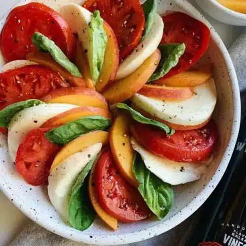 Colorful Peach Caprese Salad with fresh mozzarella and basil leaves