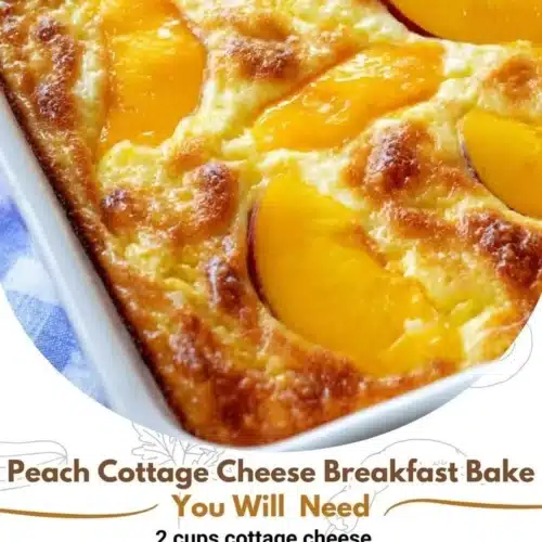 Bowl of peaches and cottage cheese topped with honey and nuts.