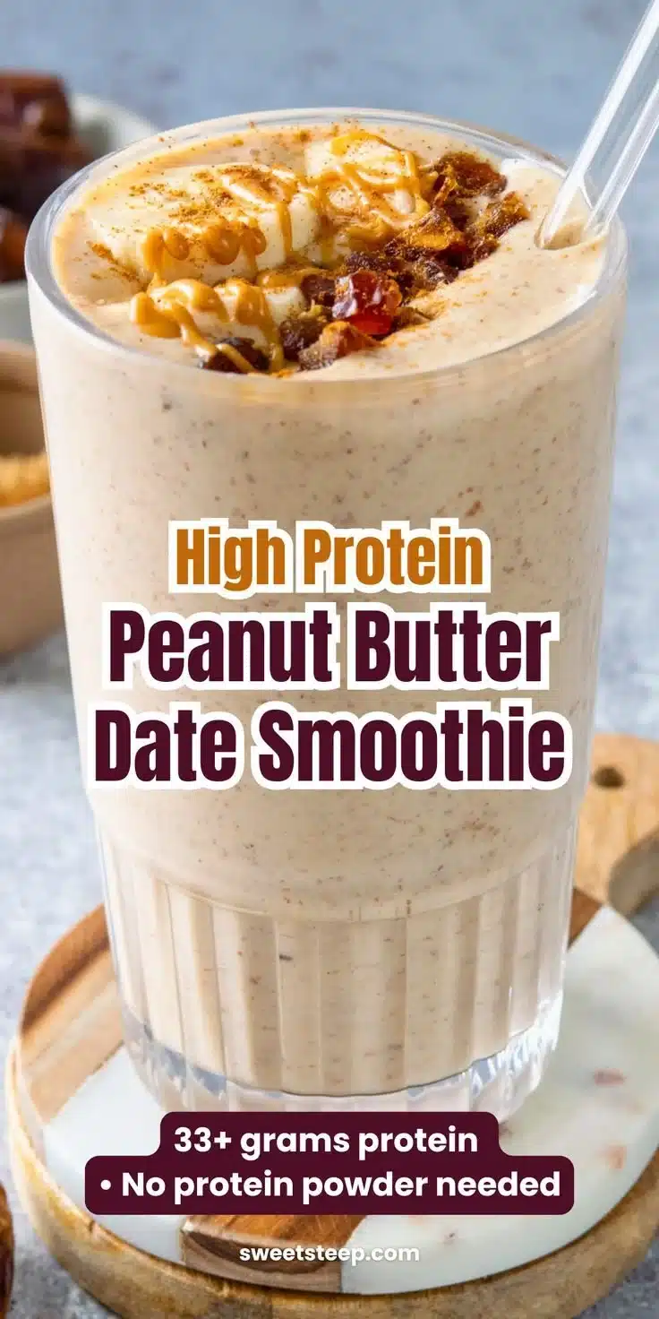 Peanut Butter Banana Date Smoothie in a glass with fresh ingredients.