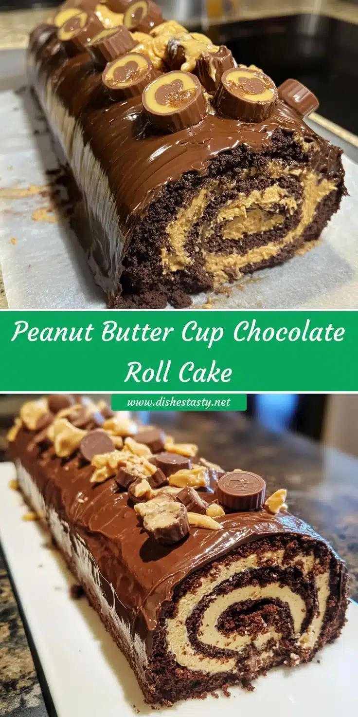 Peanut Butter Cup Chocolate Roll Cake 1 Peanut Butter Cup Chocolate Roll Cake drizzled with chocolate ganache