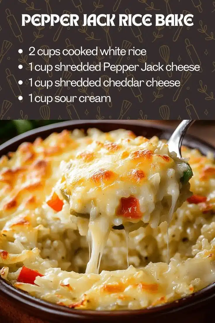 Cheesy Pepper Jack Rice Bake served in a dish