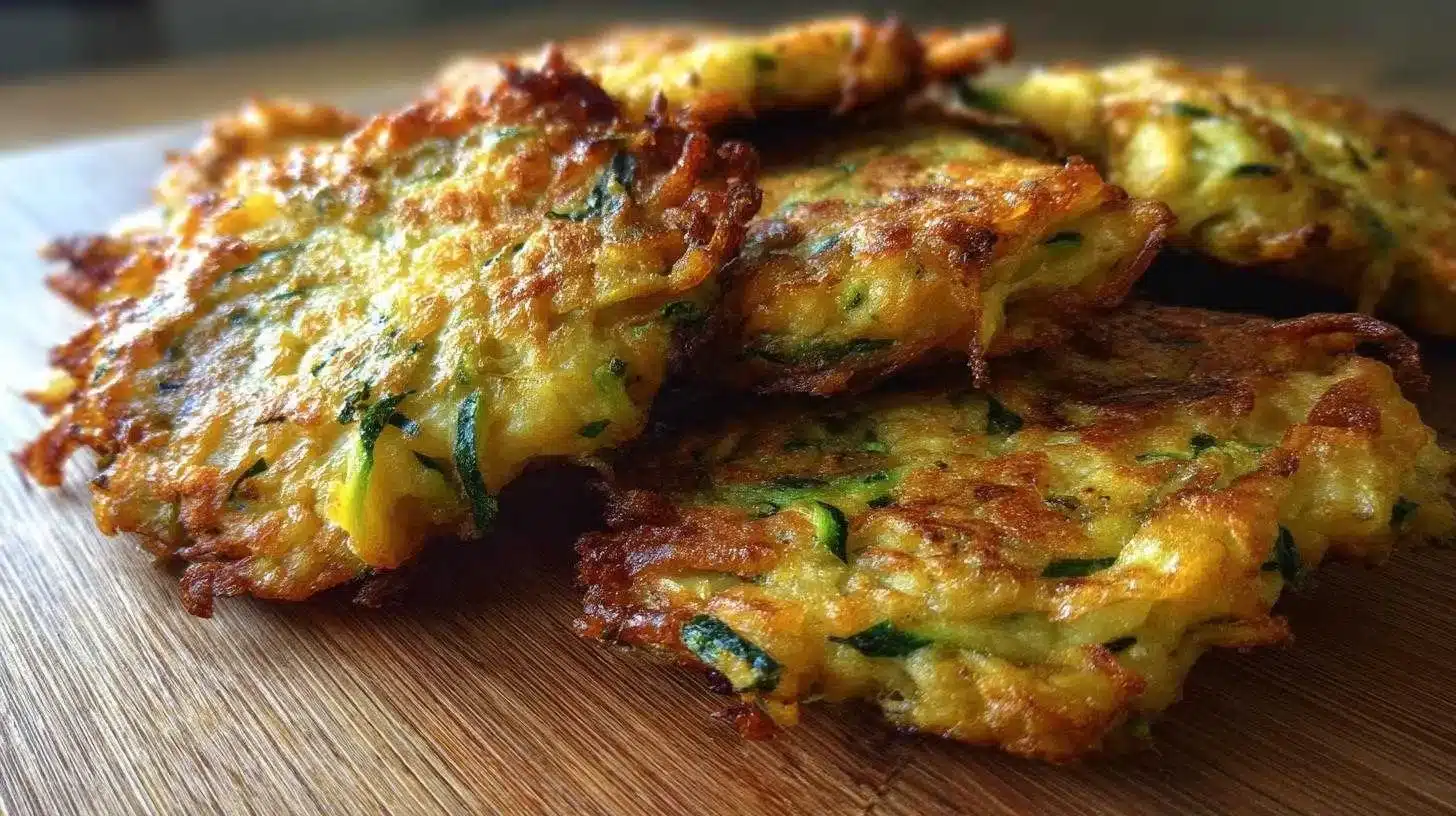 Plate of perfectly cooked zucchini-carrot fritters with dipping sauce