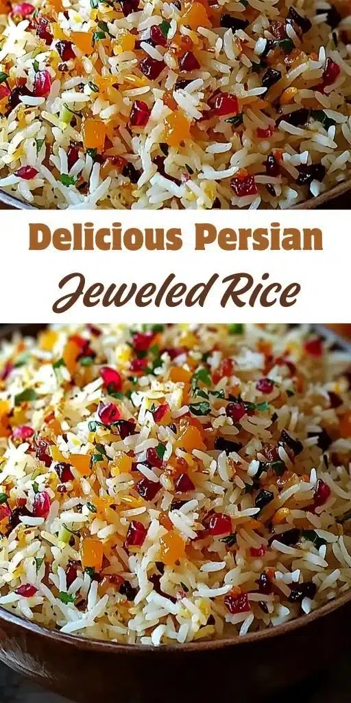 A colorful bowl of Persian Jeweled Rice garnished with nuts and fruits.