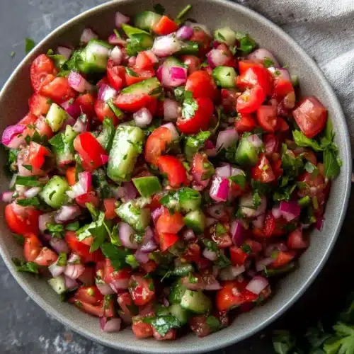 A bowl of colorful Persian Shirazi Salad with tomatoes, cucumbers, and herbs