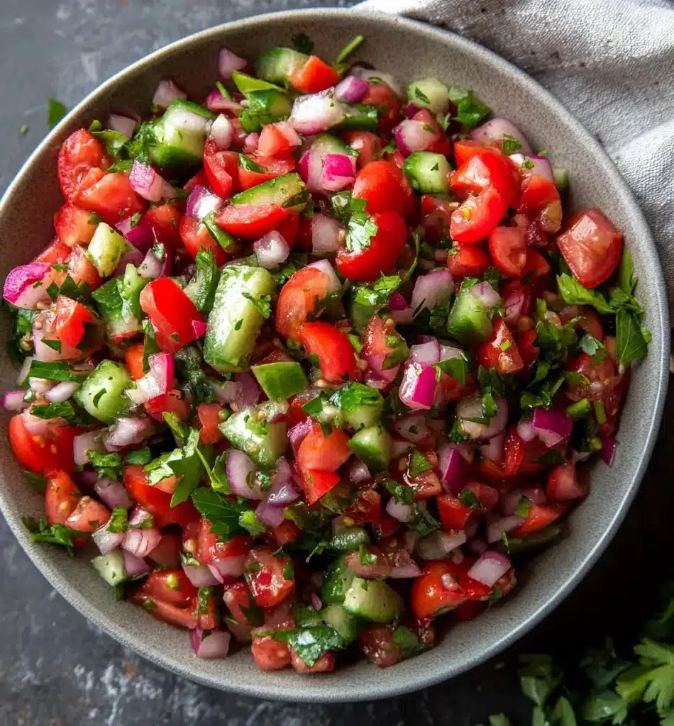 A bowl of colorful Persian Shirazi Salad with tomatoes, cucumbers, and herbs