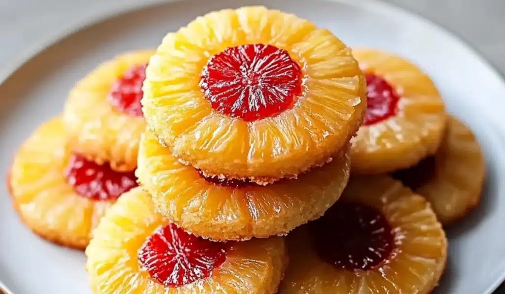 Pineapple Upside-Down Cookies stacked on a plate with cherries on top.
