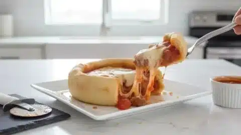 Homemade Pizza Pot Pie with fresh toppings and golden crust