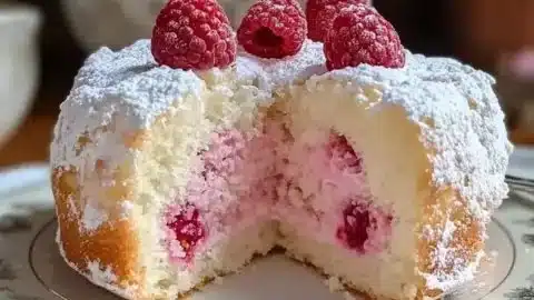 Sliced Raspberry Angel Food Cake topped with fresh raspberries and whipped cream.