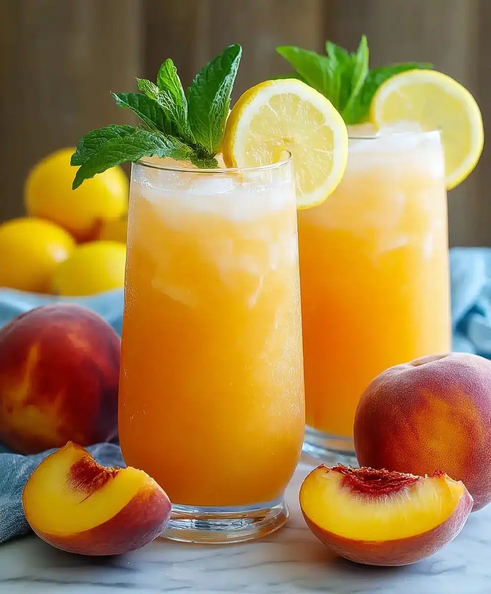 Refreshing Peach Lemonade 1 Glass of refreshing peach lemonade with slices of peach and lemon
